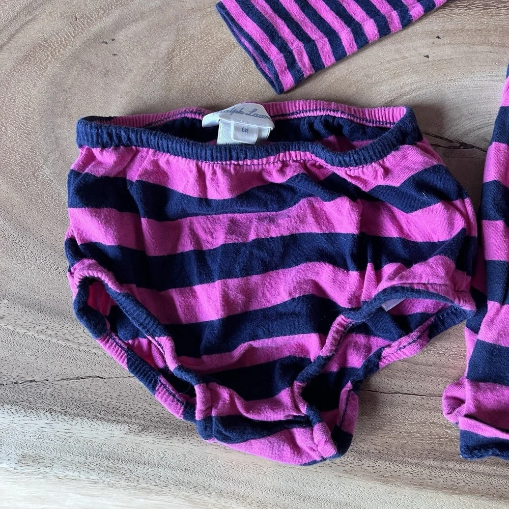 RALPH LAUREN BABY GIRL PINK Blue Striped LONG SLEEVE DRESS & BLOOMER SET 6 MO